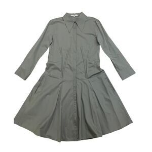 Tibi Sage Green Shirt Dress | Drop Waist, Long Sleeve, Pockets, 6, $590